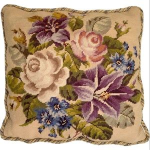 Vintage Floral Flower Needlepoint Decorative Throw Pillow 16”x16”